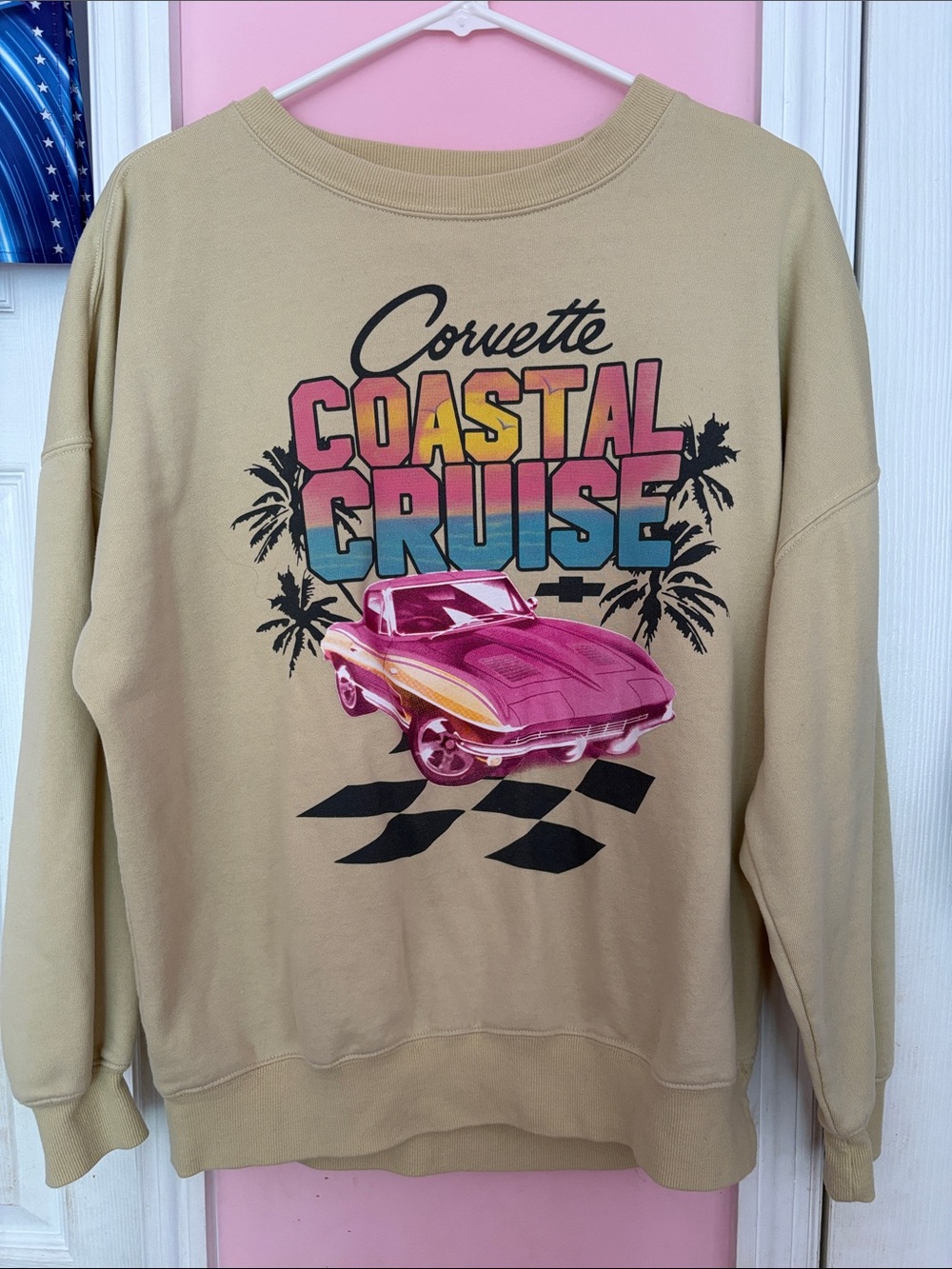 Coastal Cruise Graphic Pullover Sweatshirt - Beige with Pink Car